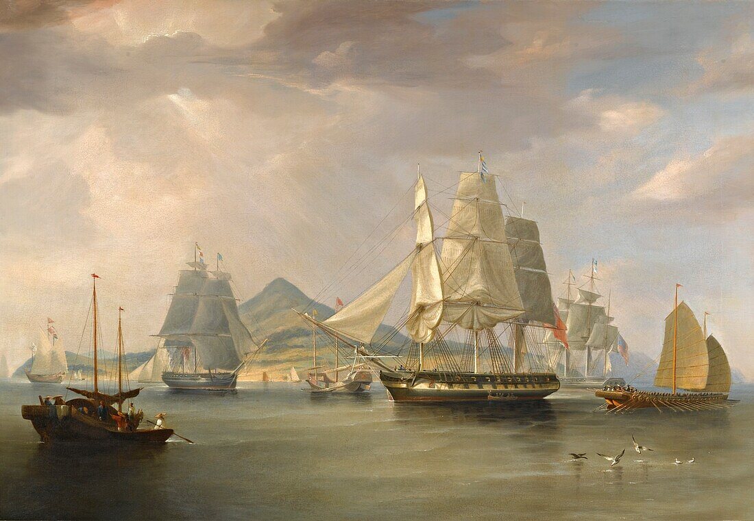 Opium ships at Lintin, China, 1824, illustration
