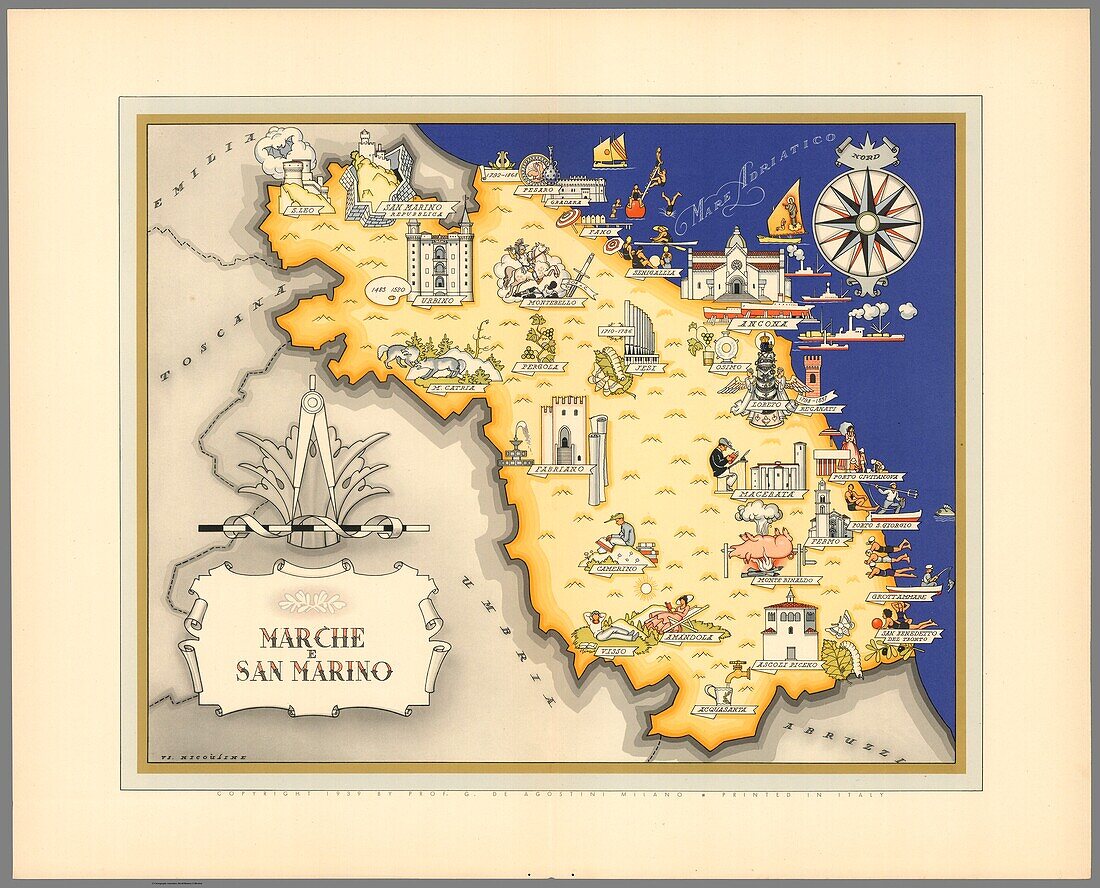 Illustrated map of Marche e San Marino, Italy