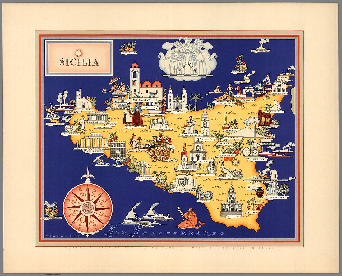 Illustrated map of Sicily, Italy