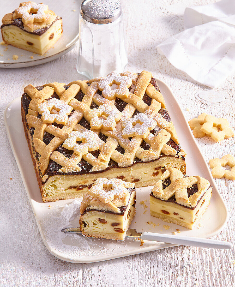 Plum jam sheet cake with pastry lattice