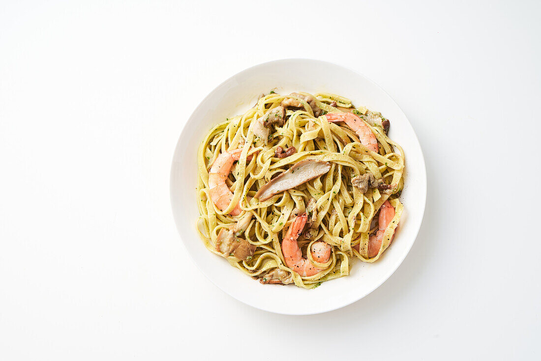 Pappardelle with porcini mushrooms and prawns