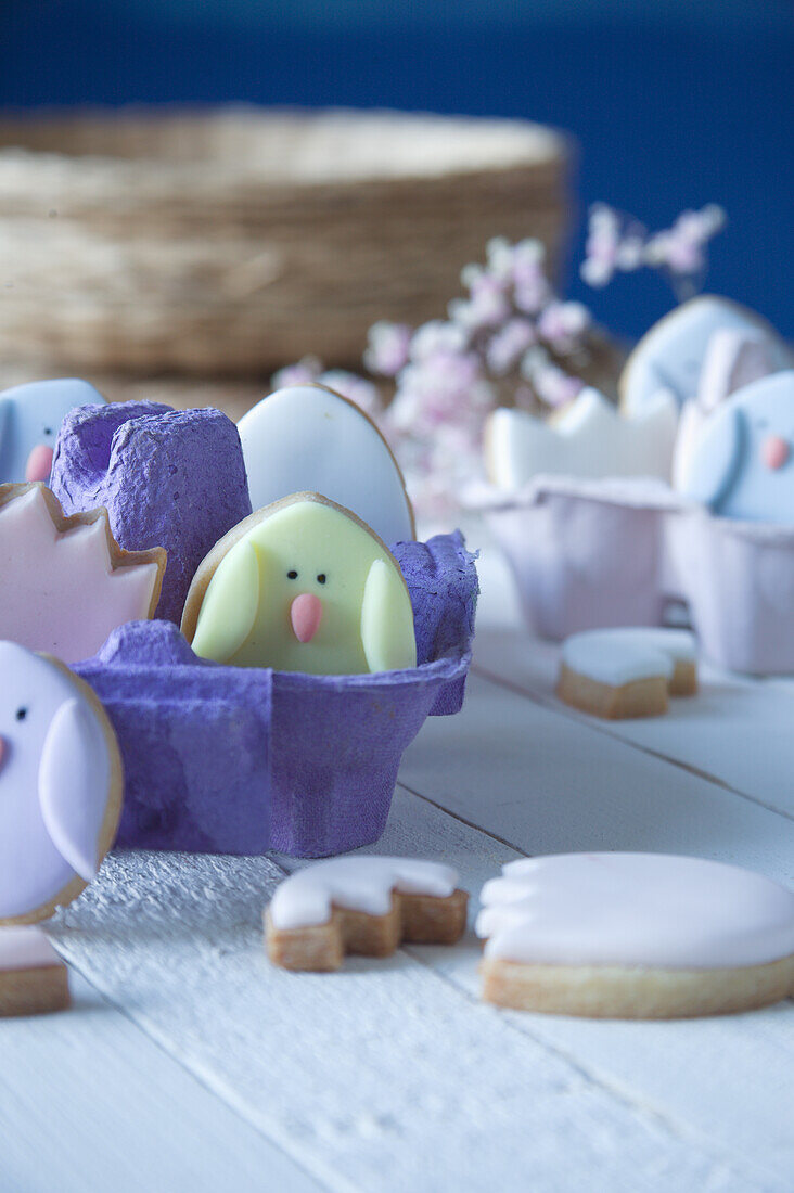 Easter egg and bird biscuits in an egg carton