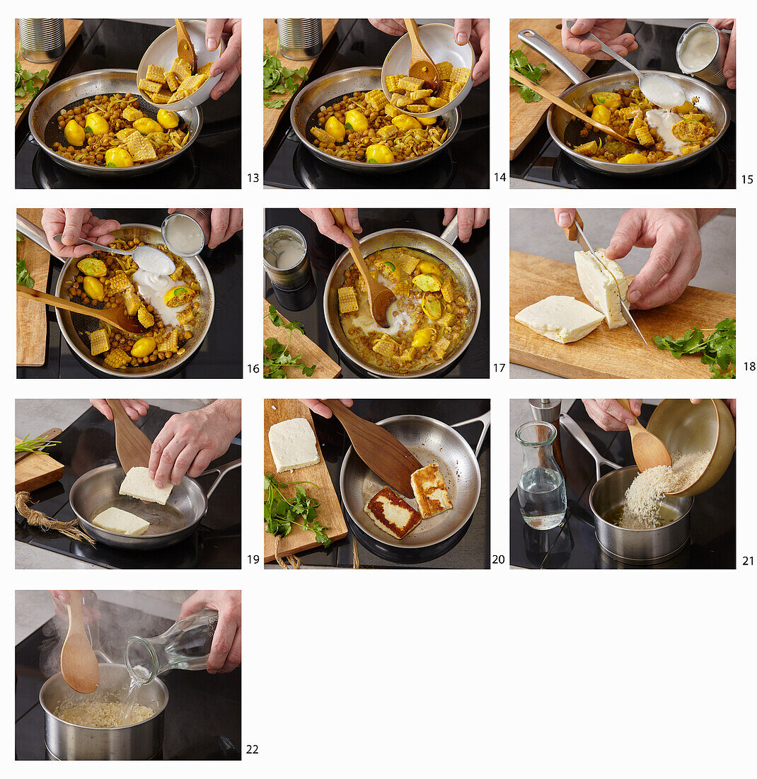 Gemüse-Kichererbsen-Curry mit gebratenem Halloumi zubereiten