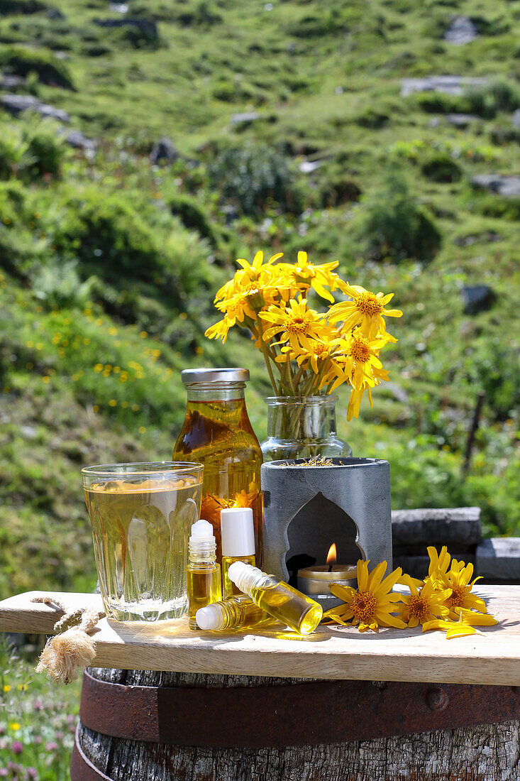 Gargle solution, roll-on and incense made from arnica