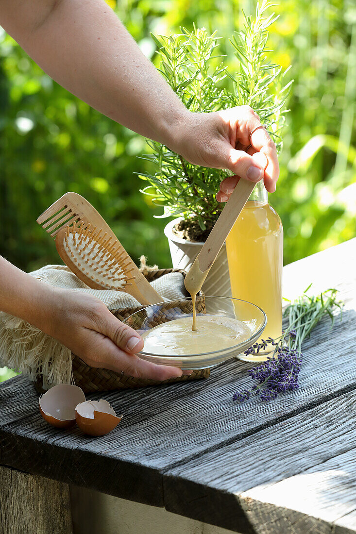 Shampoo made from buckwheat, apple cider vinegar, egg yolk and healing clay