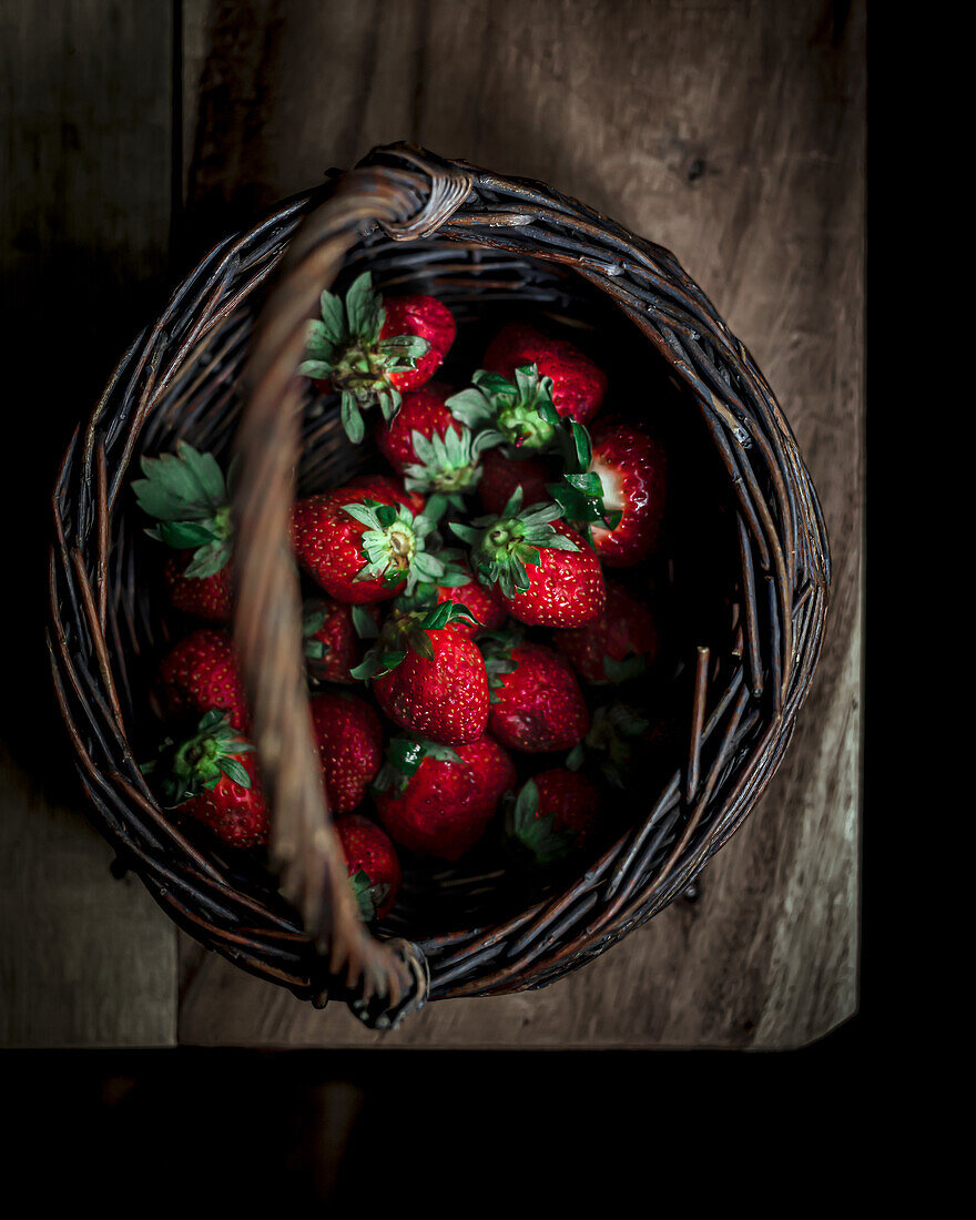 Strawberries in a rustic basket