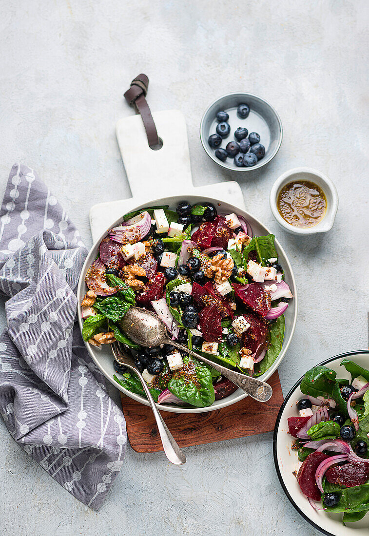 Roasted beetroot salad with blueberries and feta cheese