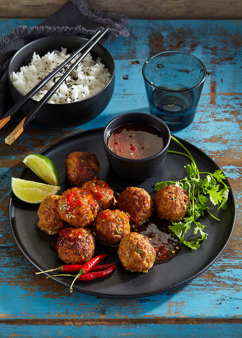 Thailändische Fleischbällchen mit Chili-Dip und Reis