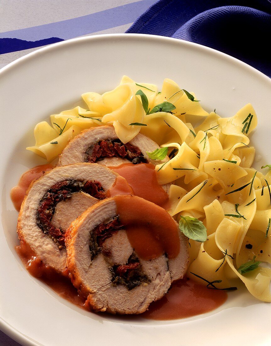 Roast turkey roll stuffed with tomato & basil & ribbon noodles
