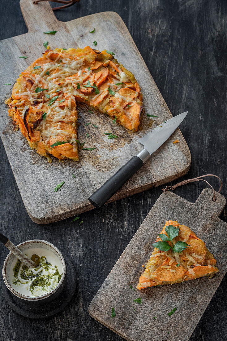 Pumpkin galette on a wooden board