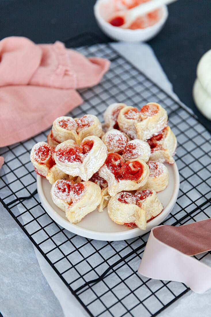 Filled puff pastry hearts for Valentine's Day