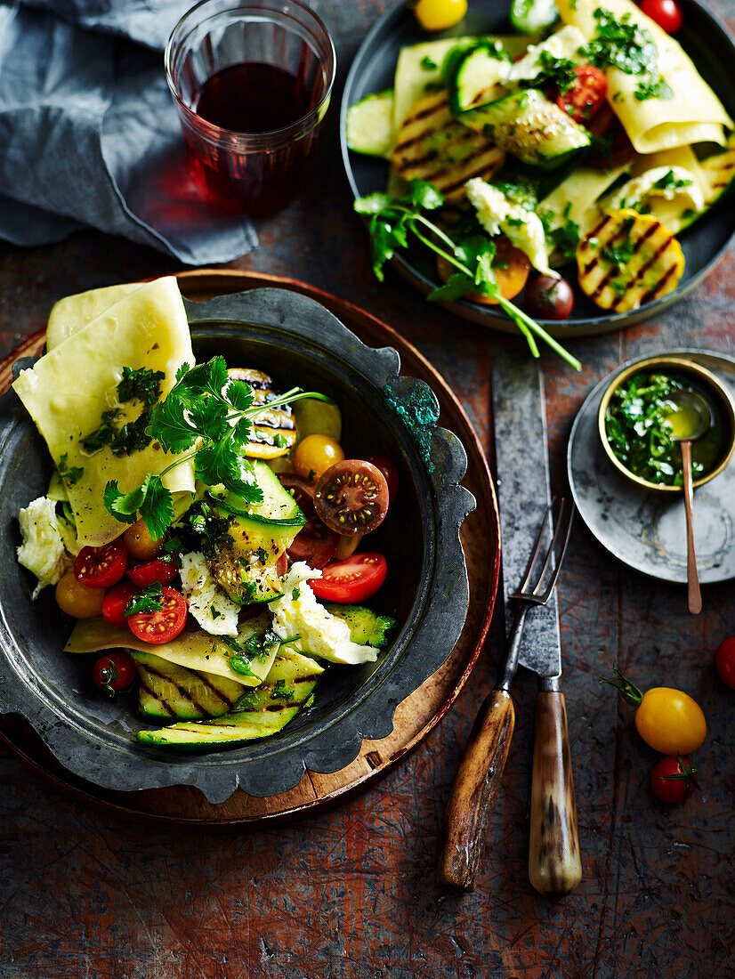 Deconstructed vegetable lasagne with salsa verde