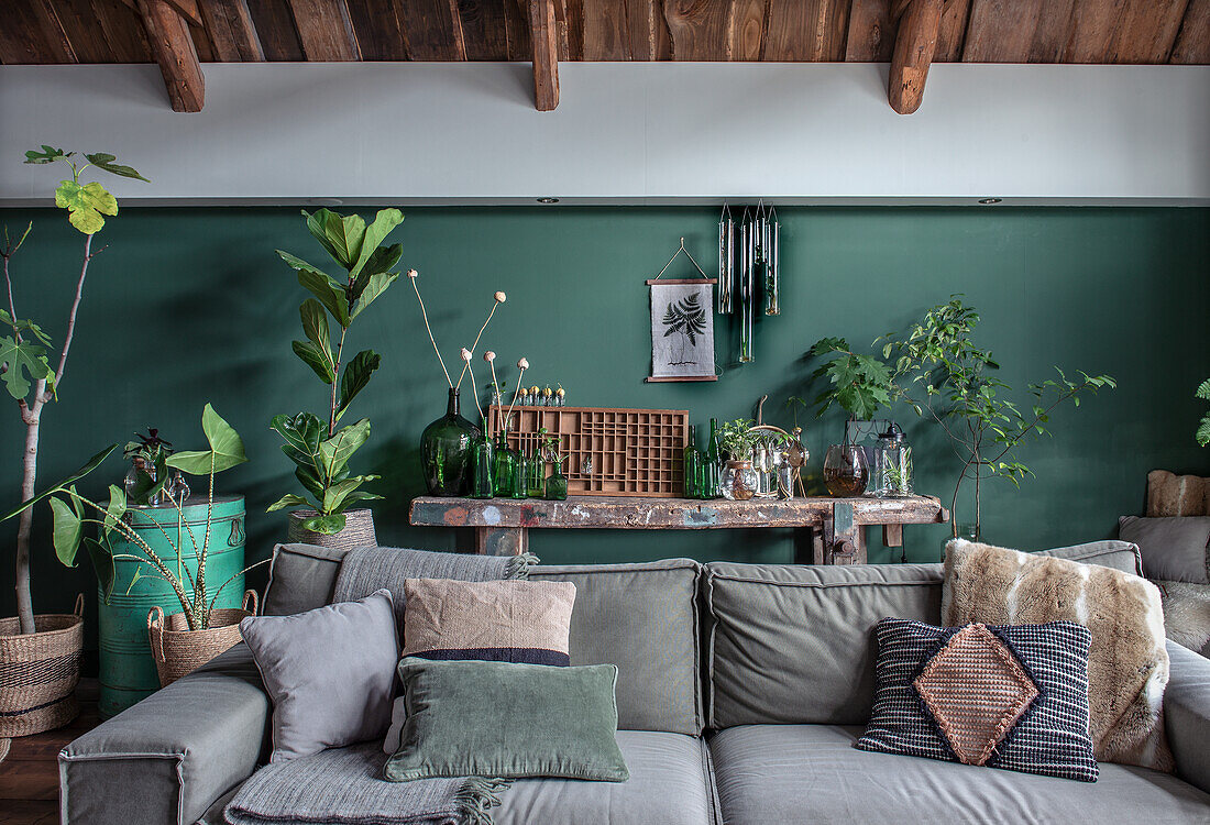 Living room with green accent wall and numerous houseplants, rustic wooden beamed ceiling