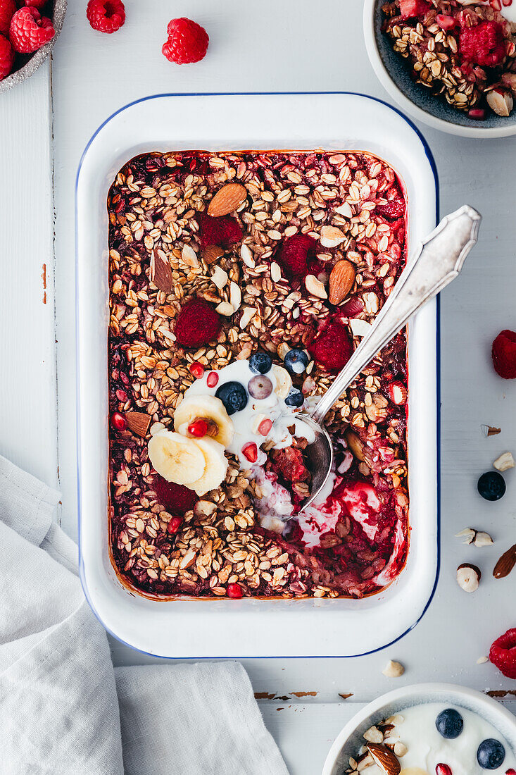 Vegan baked oatmeal with raspberries and rhubarb