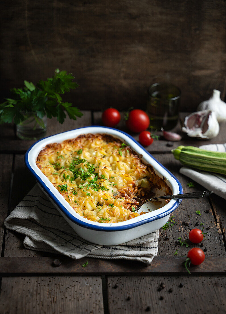Vegan shepherd's pie with courgette and soya mince