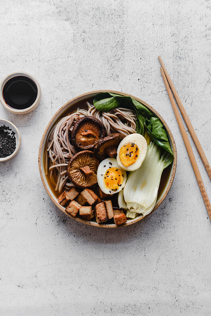 Ramen with tofu, pak choi, shiitake and buckwheat soba noodles