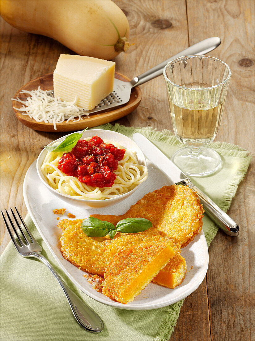 Pumpkin piccata Milanese with spaghetti and tomato sauce