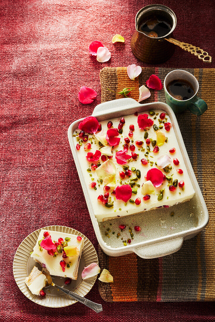 Arabic tiramisu with rose petals and pistachios