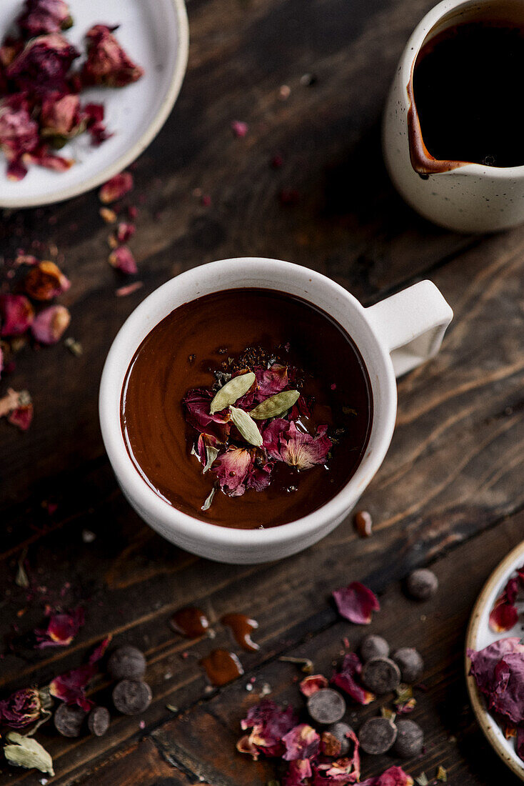 Hot chocolate with cardamom and rose petals