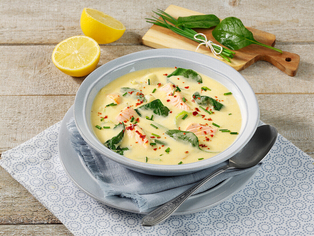 Lemony salmon and potato soup with spinach