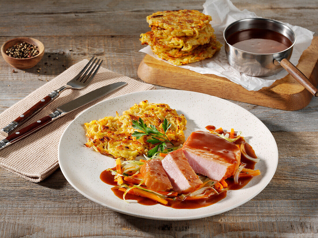 Braised pork fillet with potato pancakes