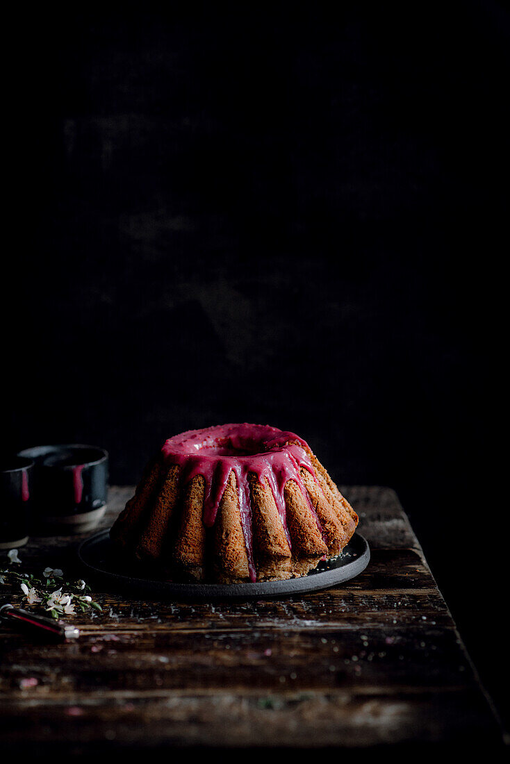 Bundt cake with raspberry icing