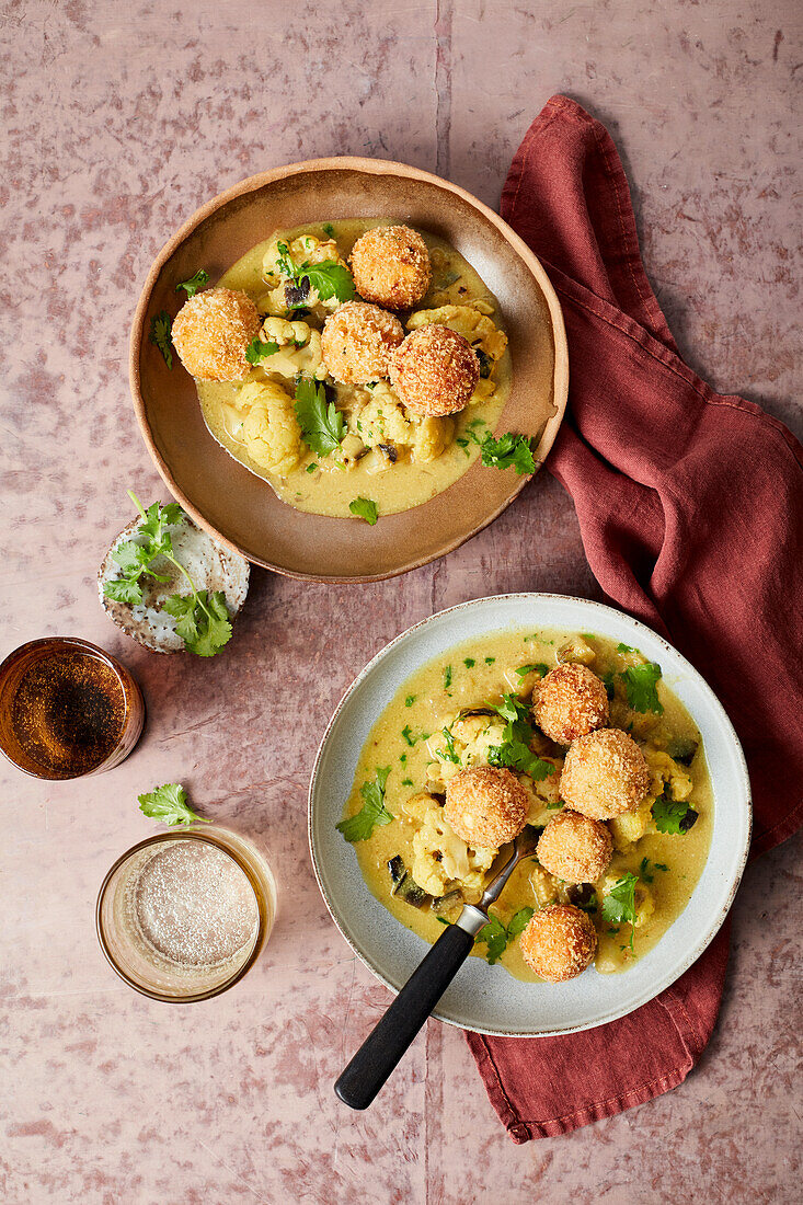Deep-fried pea and coriander dumplings in coconut curry