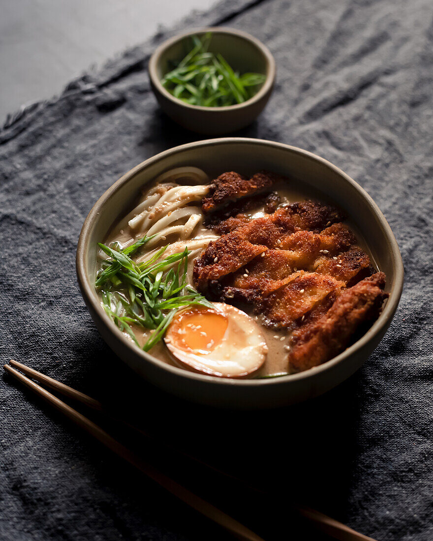 Ramen with chicken katsu, noodles and egg