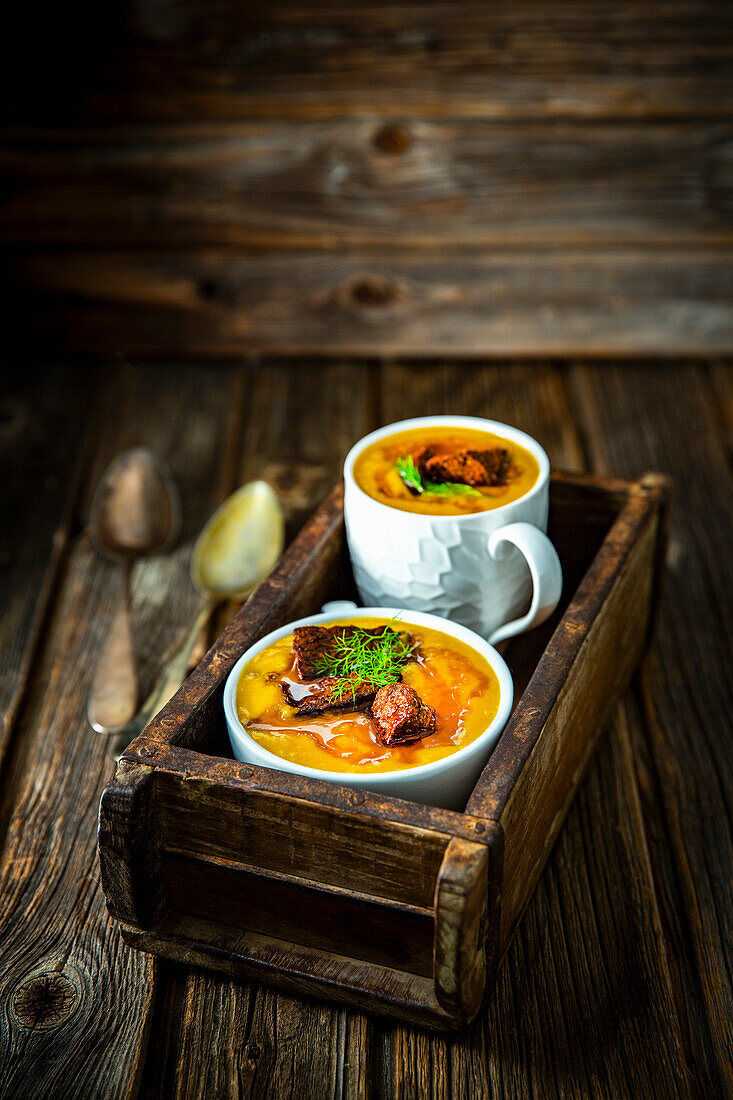 Carrot and fennel soup with crispy tempeh and honey