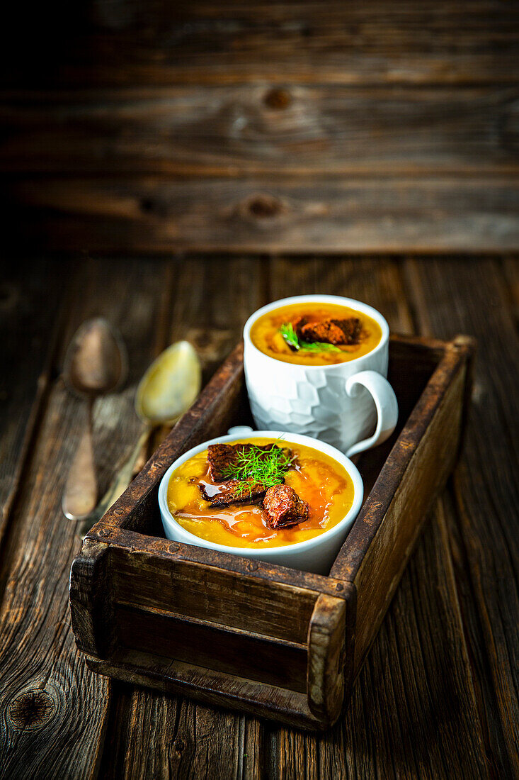 Karotten-Fenchel-Suppe mit knusprigem Tempeh und Honig