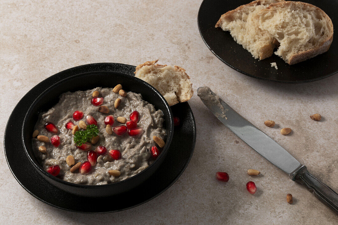 Oriental dip made from aubergine, pomegranate, molasses, tahini and garlic