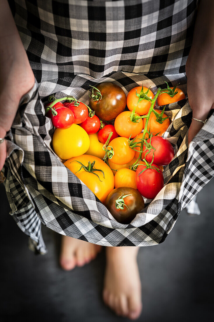 Woman holding colourful tomatoes in a black and white checked apron