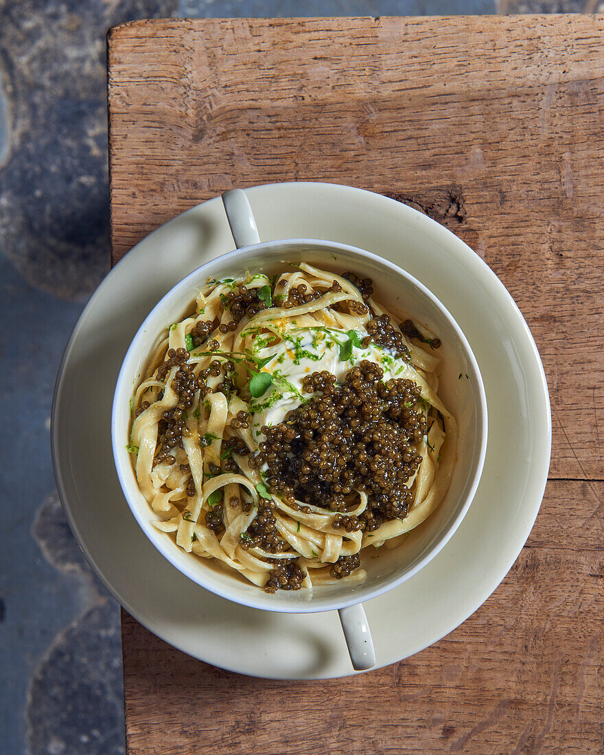 Tagliatelle with almond cream and caviar