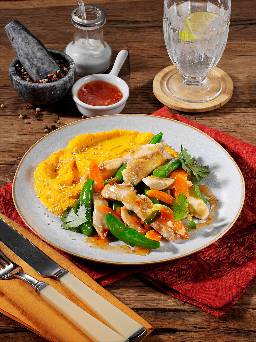 Asian chilli chicken with carrot puree