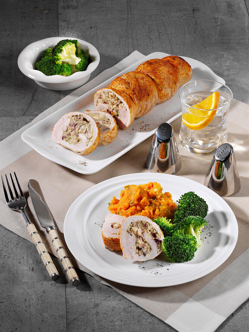 Stuffed turkey roll roast with broccoli