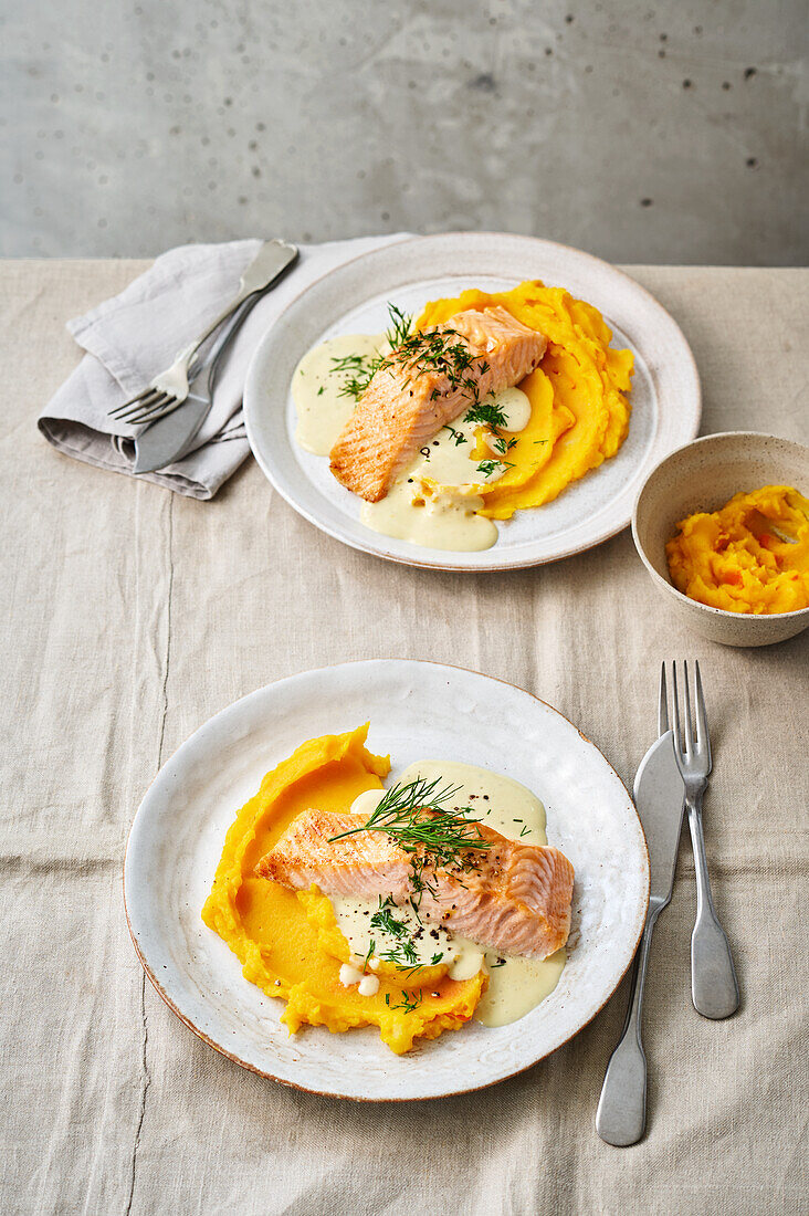 Mustard salmon with potato and pumpkin puree