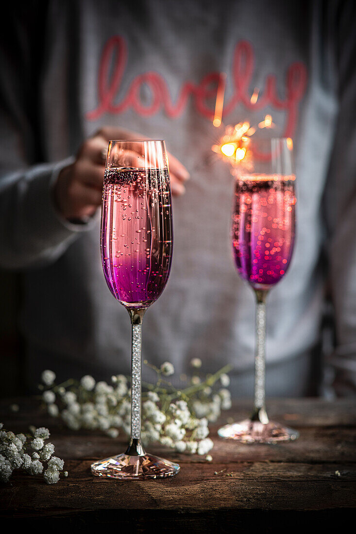 Pink and purple champagne cocktails