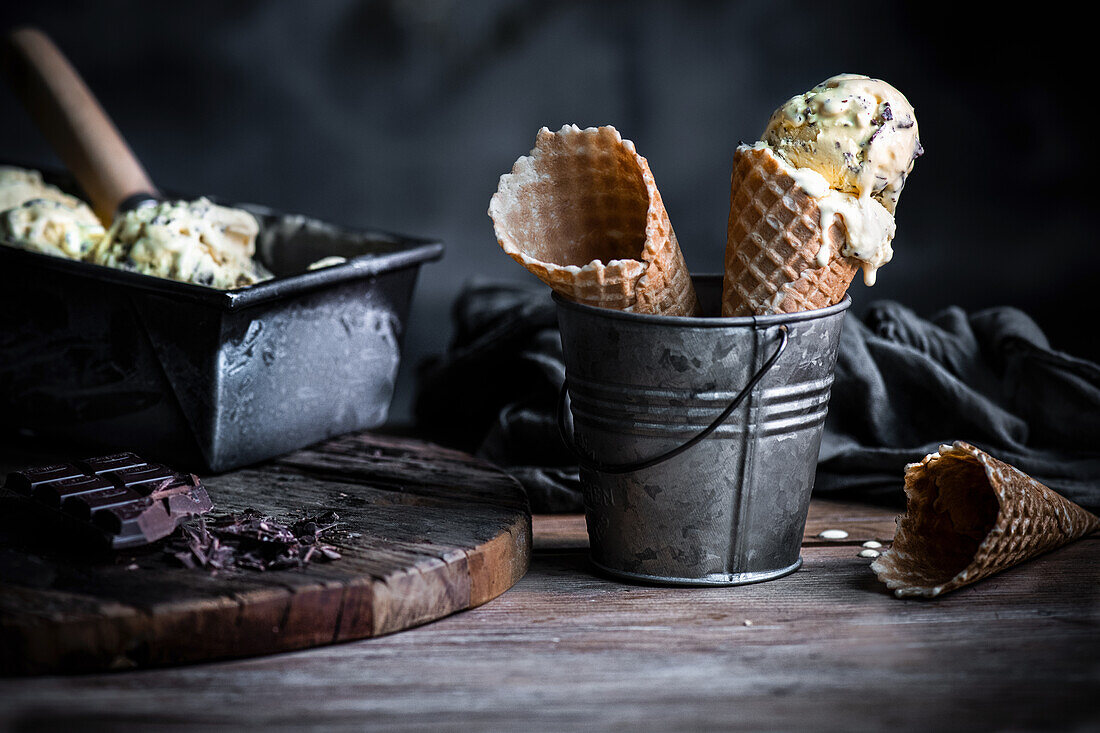 Vanilla chocolate chip ice cream in ice cream cones