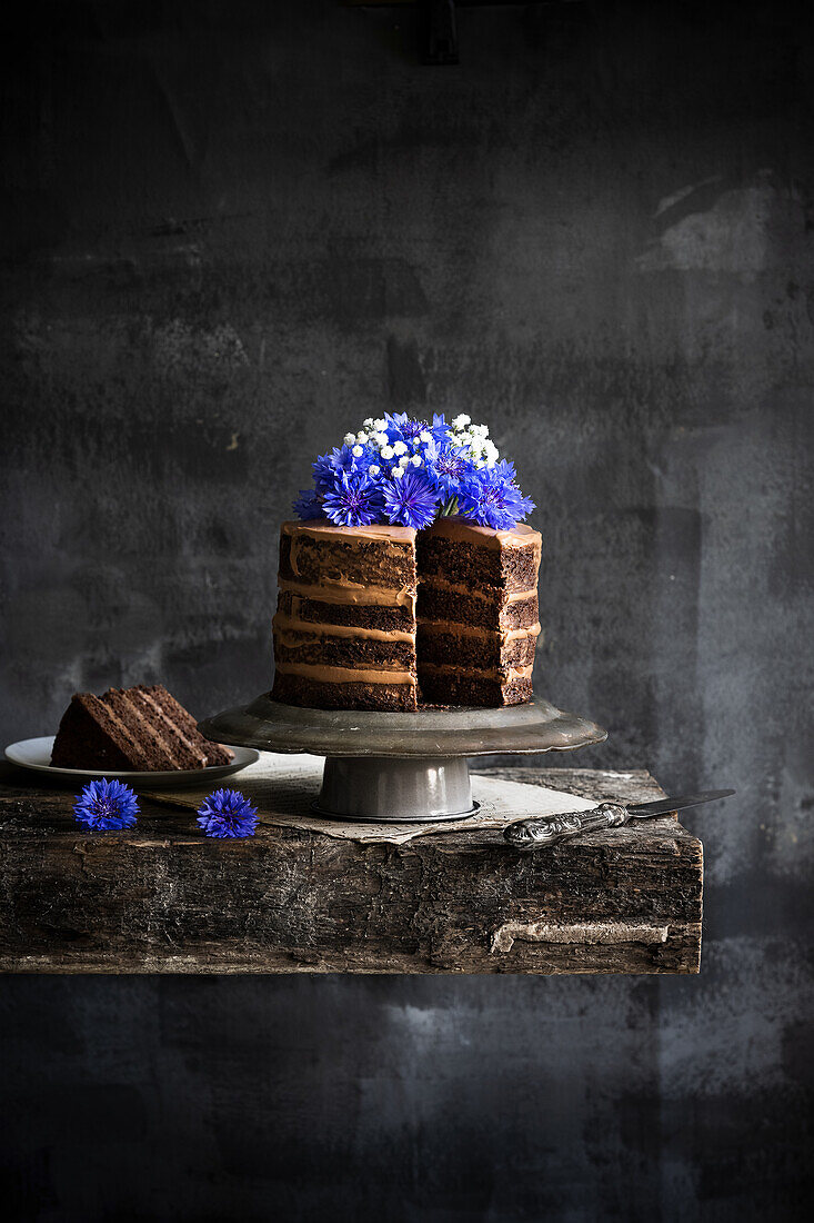 Layered chocolate caramel cake with cornflowers