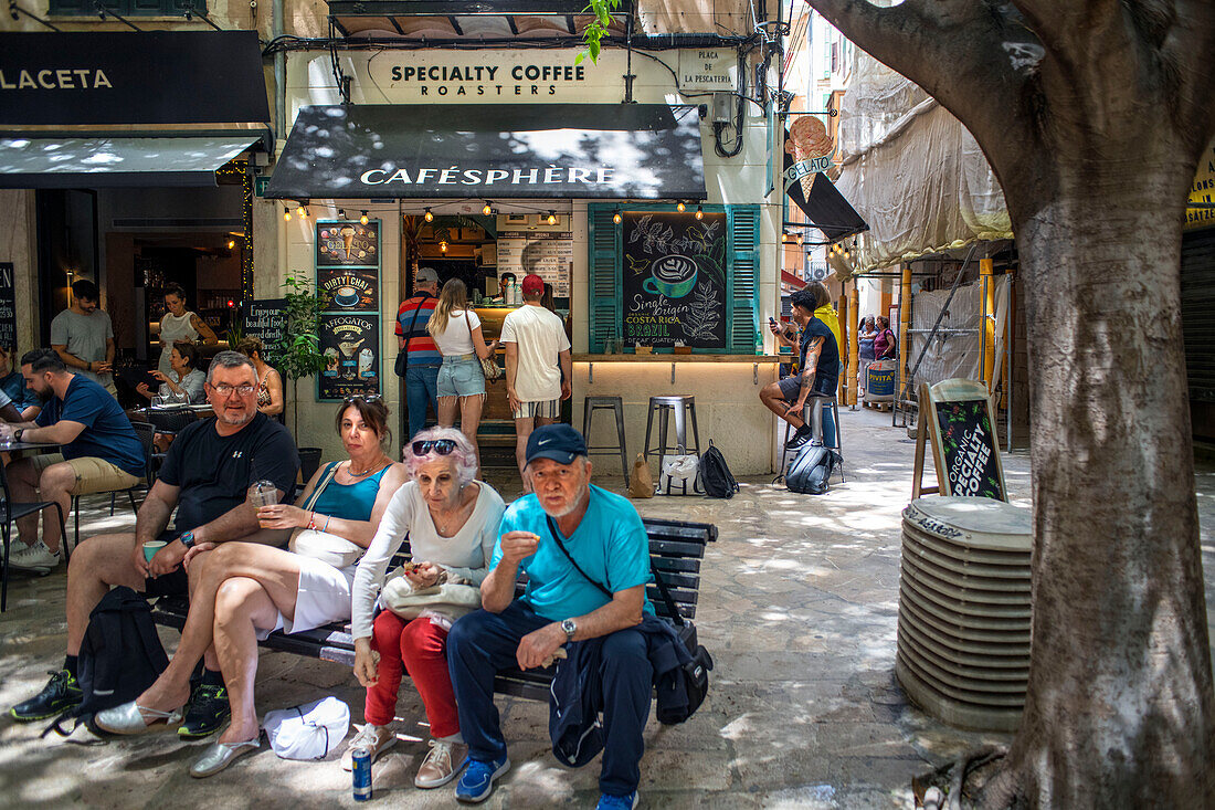 Coffee, bars and restaurants in Plaça de la pestateria or fish market square, Palma de Majorca, Majorca, Balearic Islands, Spain