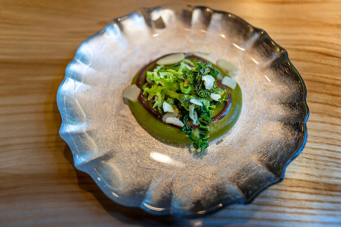 Roman dish, Dish of a dinner in the Villa Retiro hotel restaurant in Xerta, with the shape of the Terres de l'Ebre region in Tarragona, Catalonia, Spain.