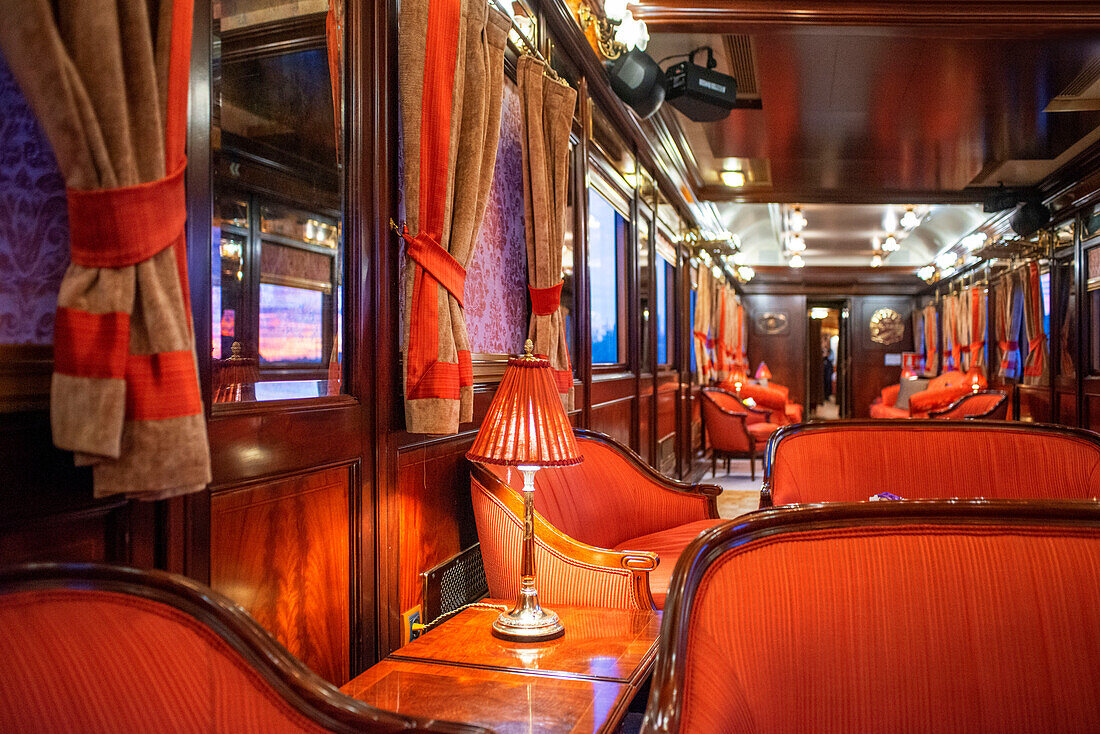 Saloon wagon of Al-Andalus luxury train travelling around Andalusia Spain.