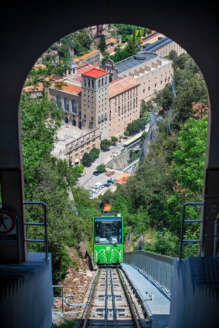 Funicular de Sant Joan cable car railway on the benedictine abbey of Santa Maria de Montserrat mountain, Monistrol de Montserrat, Barcelona, Catalonia, Spain