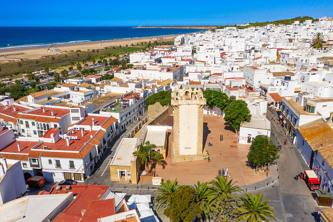 Aerial view of Torre de Guzman in the old town of Conil de la Frontera, Costa de la Luz, Cadiz Province, Andalusia, Spain.