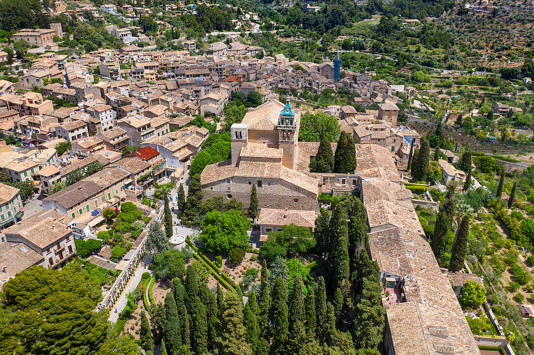 Aerial view of the Real Cartuja de Valldemossa, an old Carthusian monastery founded as a royal residence, Mallorca island, Balearic islands, Spain.