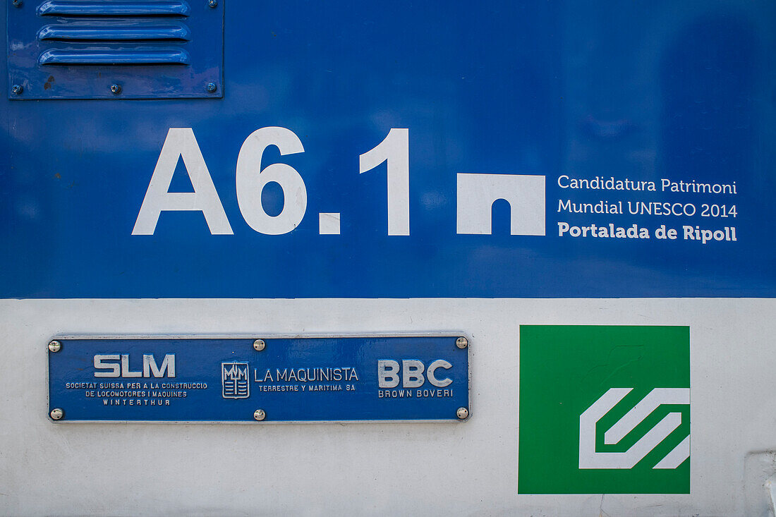 Technical data of the engine in the Cogwheel railway Cremallera de Núria train in the Vall de Núria valley, Pyrenees, northern Catalonia, Spain, Europe