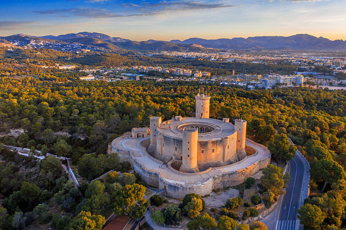 Aerial view of Bellver castle Palma de Mallorca Majorca Balearic Spain.