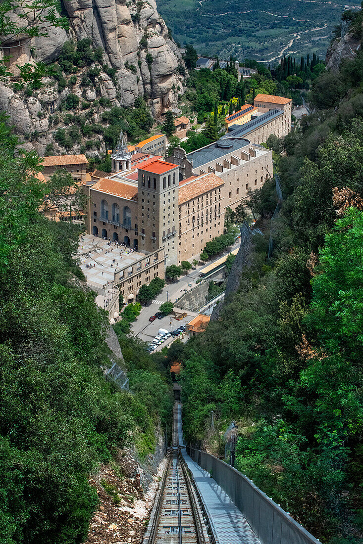 Funicular de Sant Joan cable car railway on the benedictine abbey of Santa Maria de Montserrat mountain, Monistrol de Montserrat, Barcelona, Catalonia, Spain