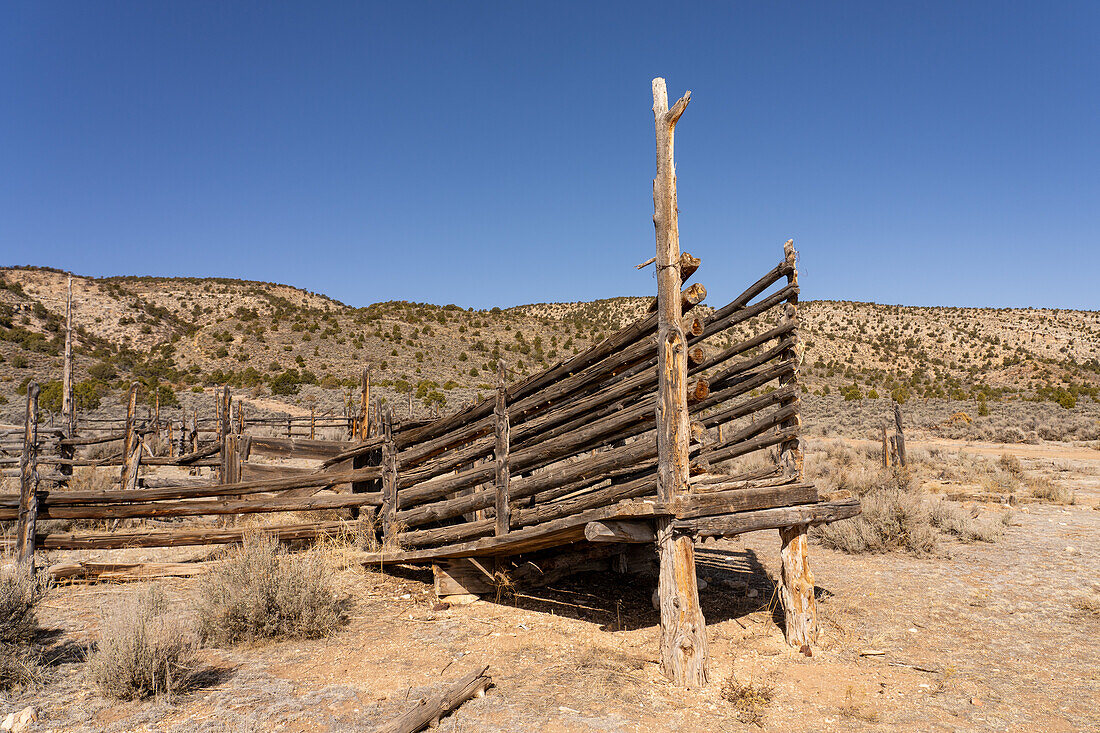 An old loading chute at a pole corral from a former ranch in the Vermilion Cliffs National Monument in Arizona.