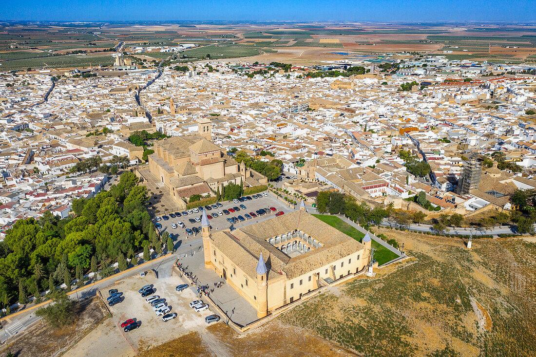 Aerial view of Osuna old town, university school and Collegiate Santa Maria of Osuna, Seville Andalusia Spain.